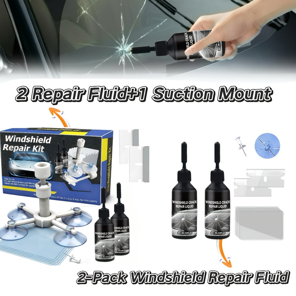 [Portable DIY Quick Fix] Windshield Repair Kit, 15-Minute Quick Fix, Nano Liquid Stops Spread, DIY And Save $250+. Works On Bullseye, Star Cracks, And Scratches. 2 Options-2-Pack Of Windshield Repair Fluid OR 2 Repair Fluids + 1 Suction Mount. Portable Bo