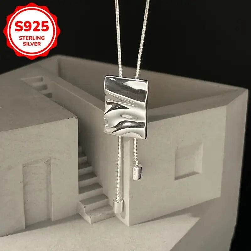 [Perfect Gift] Women's S925 Sterling Silvery Pendant Necklace, Fashionable Geometric Wave Irregular Square Design, Luxurious Minimalist Style, Versatile Casual Wear, Perfect Gift For Her/ BFF/ Birthday/ Anniversary/ Christmas Best Choice