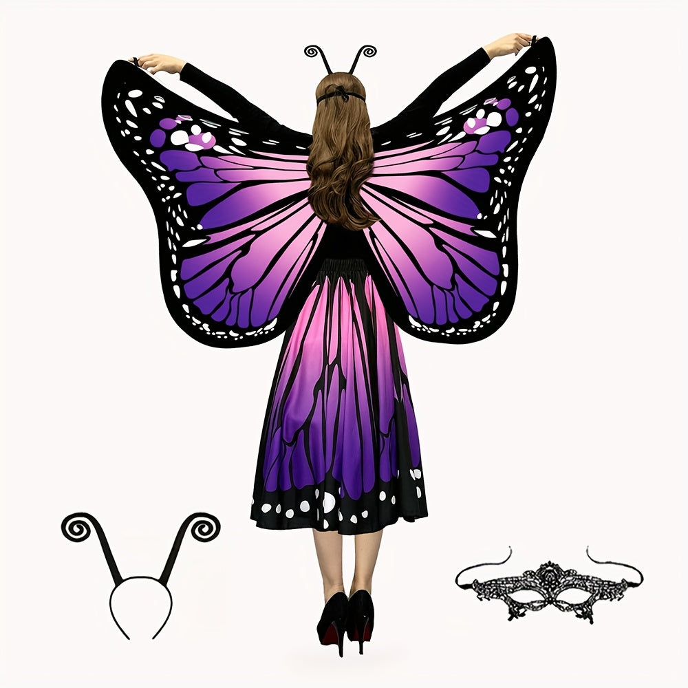 Women's 4pcs Butterfly Costume Set with Cape, Skirt, Antenna Headband - Lightweight Halloween Outfit for Christmas Parties, Carnival Parades, Cosplay Events & Masquerade Balls - Perfect Gift for Her