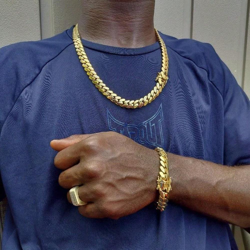 2pcs Cuban Links Chain Necklace Bracelet for Men 18K Golden Plated Plated 10mm Stainless Steel Curb Punk Hip Hop Jewelry Set