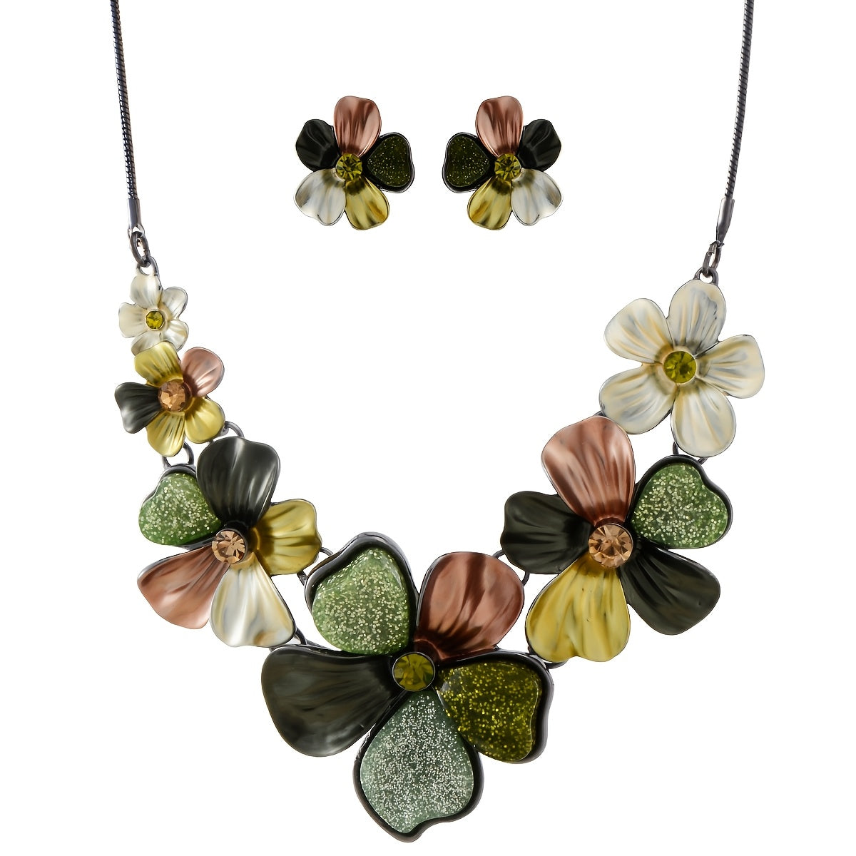 Chunky Statement Jewelry Set Vintage Retro Green Flower Floral Leaf Aesthetic Bohemian Boho Bib Necklace Earring Set Fashion Costume Jewelry for Women Wedding Party Prom Unique GiftBand Box Christmas Thanksgiving