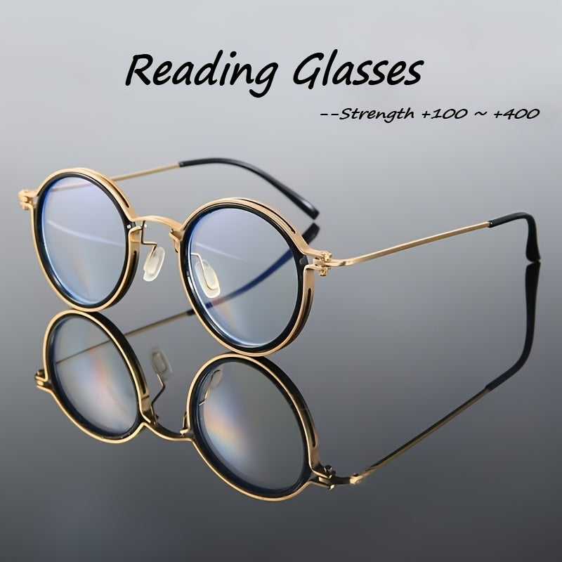 A Set of Retro Black Circular Metal Reading Spectacles, High-Definition Lenses with a Case, Unisex Traditional Metal Design, Available in +1.00 to +4.00 Diopters, Glare-Reducing Lenses, Protection for Computer Use, Without Battery