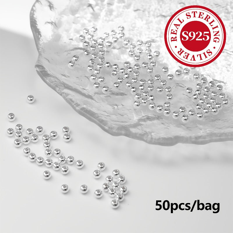 50pcs/Bag S925 Sterling Silvery Round Beads, Loose Polished Beads, High-End Handmade Jewelry Materials, Suitable for Making Bracelet And Anklet Additions