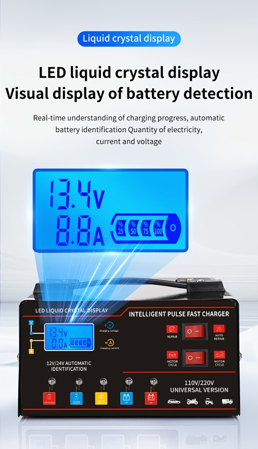12V&24V Intelligent Universal Battery Charger With LCD Display, Smart Repair, Temperature Compensation, Overcharge And Short Circuit ProtectionSuitable For Intelligent Trickle Charging Of Cars, SUV, Trucks, Yachts, Motorcycles Battery Maintenance