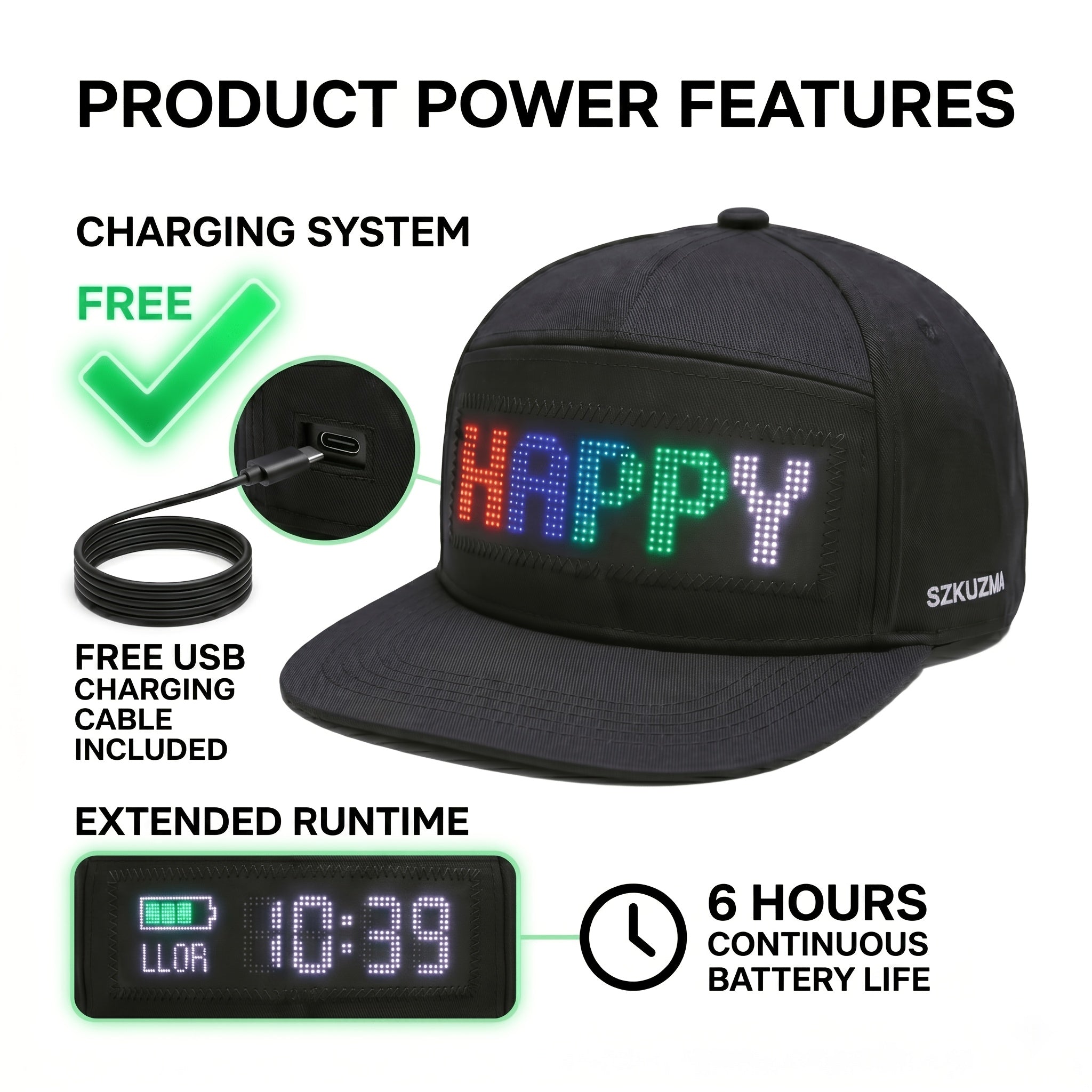 Programmable LED Light-Up Hat, Scrolling Text Display Cap, Rechargeable Baseball Cap, 12×48 Pixel Screen, Club Hat, Party Music Festival Night Run Youth Gift, Unisex Hats, Comfortable and Adjustable