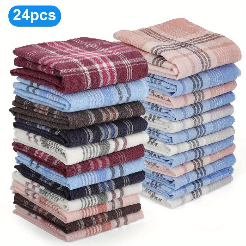 24pcs Men's Cotton Handkerchiefs, Classic Retro Stripes & Plaid, Lightweight & Durable, Easy-Care Reusable Square Hankies, Perfect Gift for Gentlemen, Fathers, or Anyone Who Enjoys a Good Hankie, Men's Handkerchiefs | Retro Style Hankies | Lightweight Fab