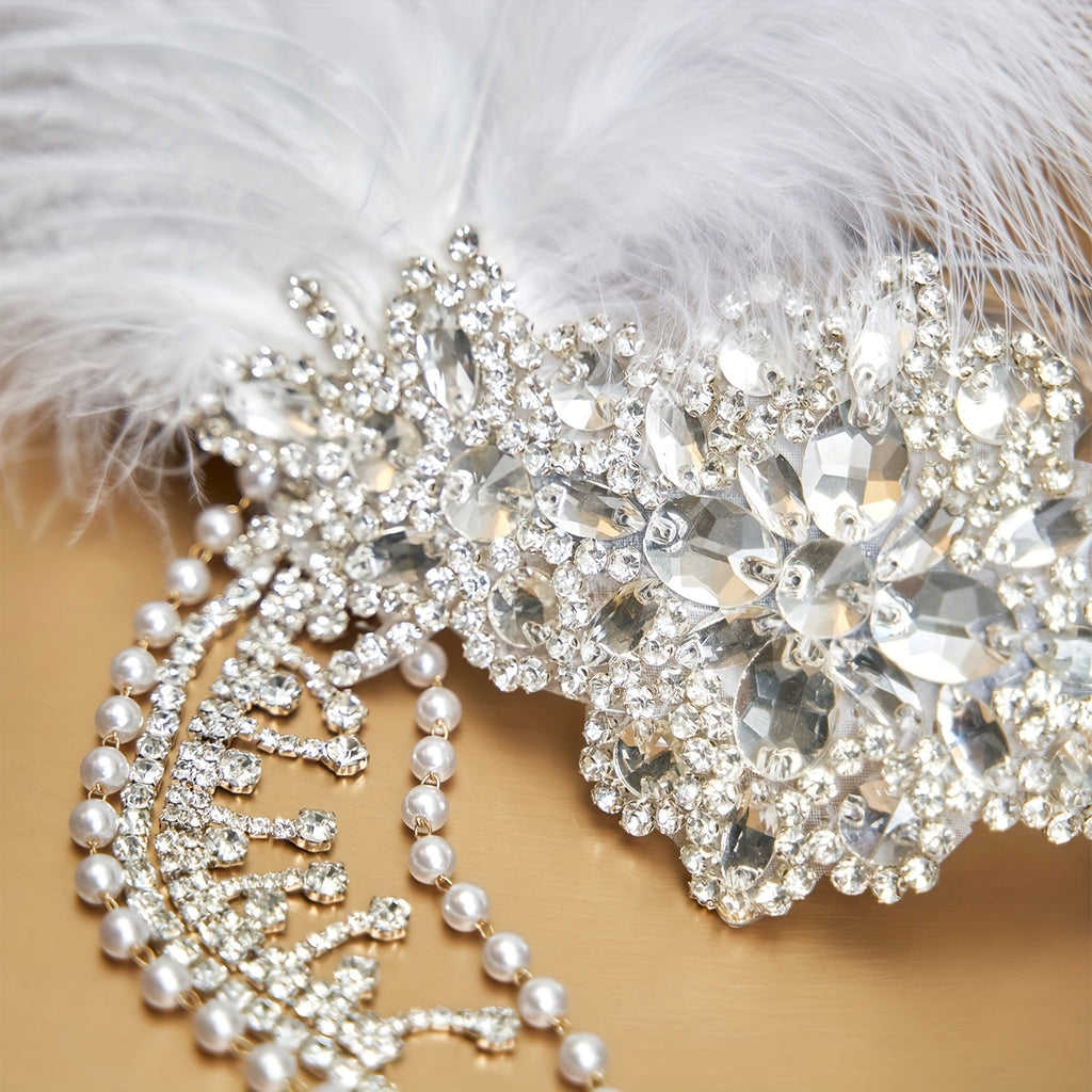 Women's 1920s Headband Flapper Feather Headpiece With Chain Roaring 20s Great Gatsby Themed Party Hair Accessory