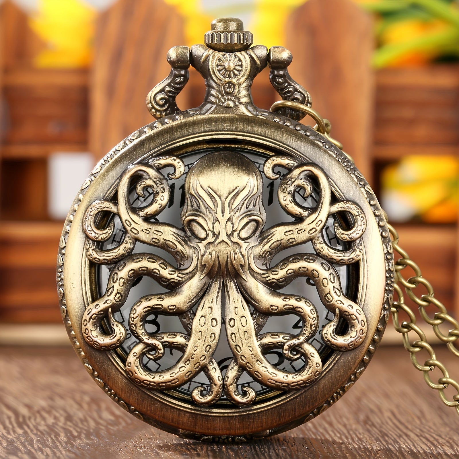 Unique Retro Copper Color Octopus Design Necklace Pendant Quartz Pocket Watch