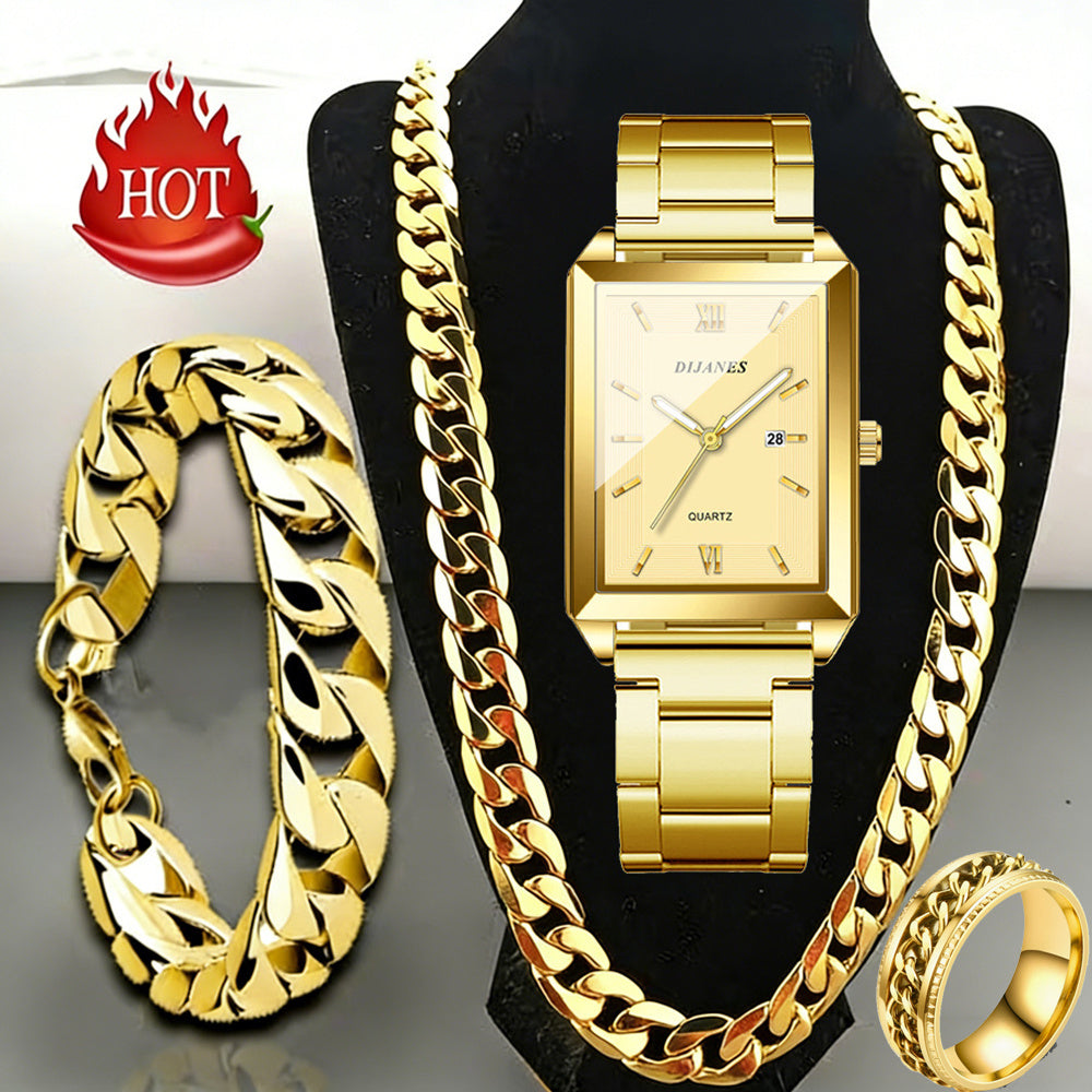 4pcs/Set Luxury Men'S Watch And Men'S Jewelry Set - Men'S Necklace, Bracelet, Ring, Men'S Quartz Watch Casual Business Watch for Men