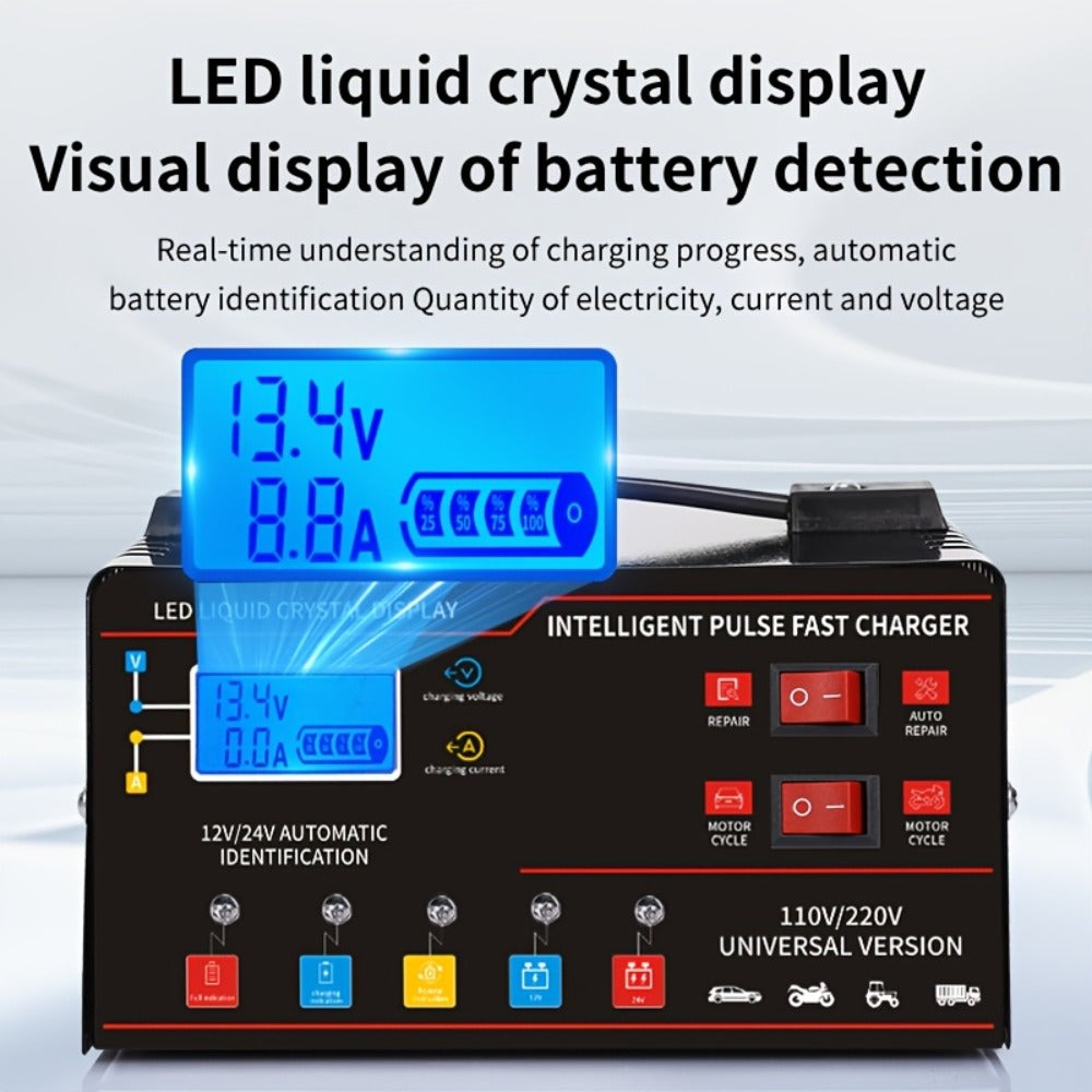 12V&24V Intelligent Universal Battery Charger With LCD Display, Smart Repair, Temperature Compensation, Overcharge And Short Circuit ProtectionSuitable For Intelligent Trickle Charging Of Cars, SUV, Trucks, Yachts, Motorcycles Battery Maintenance