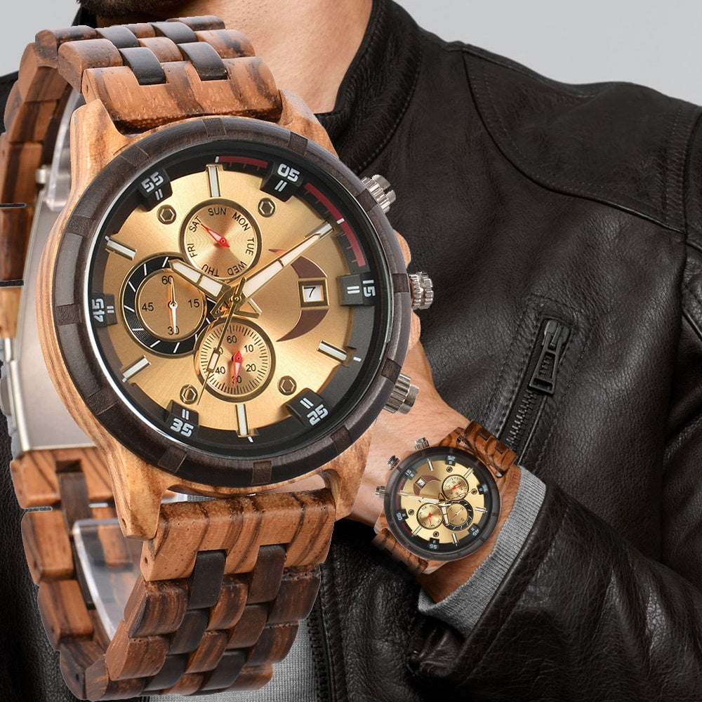 Luxury Multifunctional Men's Wooden Quartz Watch, Week, Calendar, Timer, Fashion Wooden Clock Gift