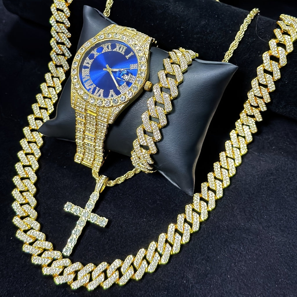 Luxury Cuban Link Jewelry Set: Necklace, Bracelet, Pendant Necklace, and Wristwatch Full Set - Ideal Gift for Holiday Celebrations, Valentine's Day, Christmas, and Birthdays