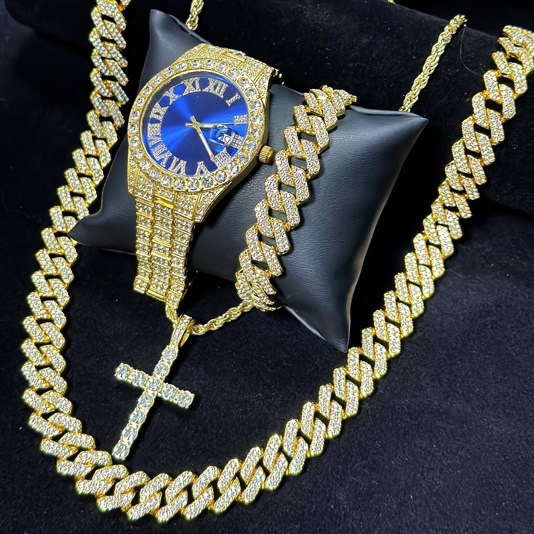 Luxury Cuban Link Jewelry Set: Necklace, Bracelet, Pendant Necklace, and Wristwatch Full Set - Ideal Gift for Holiday Celebrations, Valentine's Day, Christmas, and Birthdays