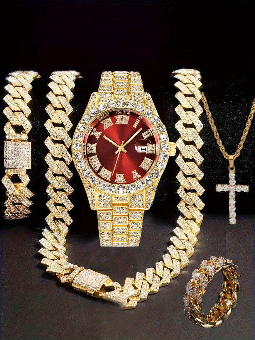 Men'S Hip Hop Set: Trendy Watch, Cuban Chain Pendant Necklace And Bracelet Combo, Stylish Men'S Additions Gift for Christmas, Birthday, Valentine'S Day, And Father'S Day