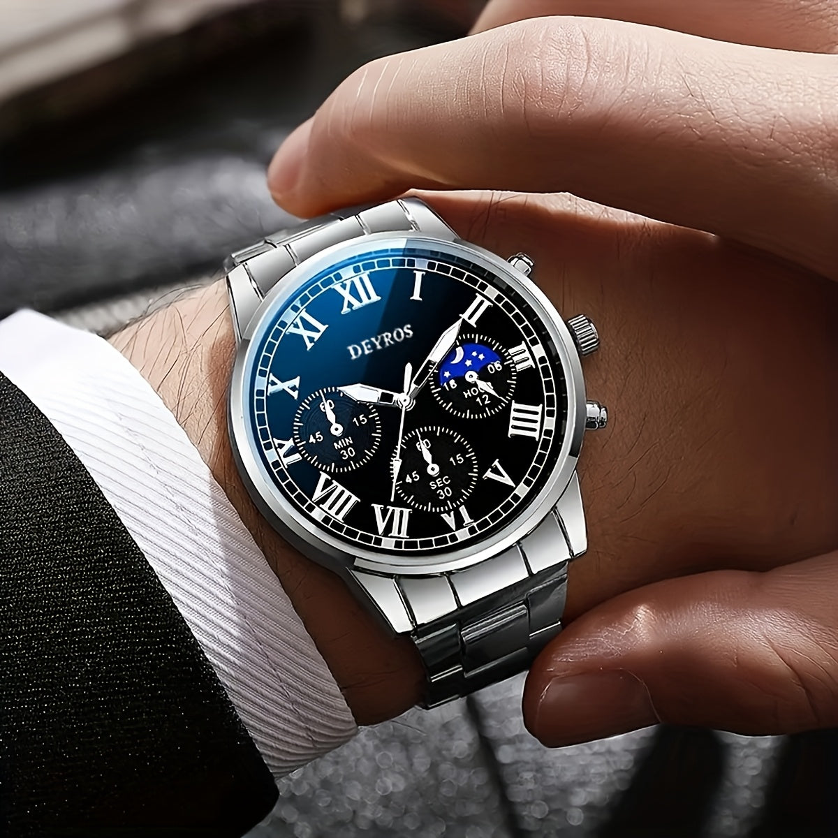 Set of 3 Men'S Stainless Steel Timepieces - Business Chronograph Quartz Watch with Coordinating Necklace And Bracelet, Analog World Time Function, Perfect for Professional And Formal Events, Great Gift Idea