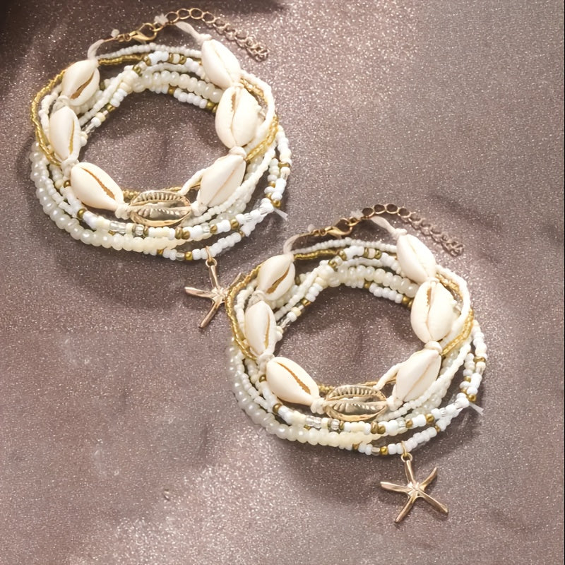 14pcs Sea Shell, Starfish & Rice Beads Anklets - Nautical Charm Beach for Women, Summer Vacation Ankle Bracelets for Surfing, Pool, Daily Wear (No Coating) - Shells & Starfish Charms