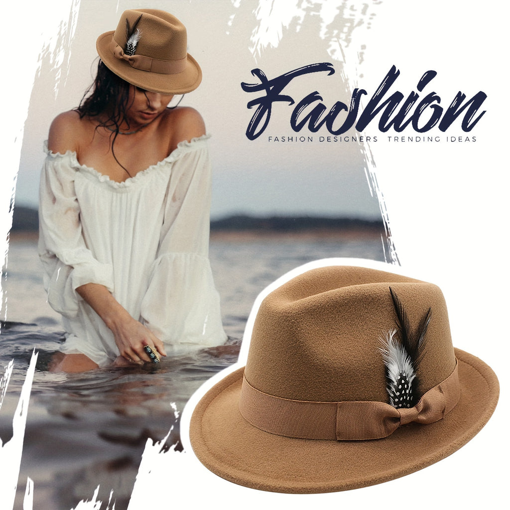 [Classic Fedora Hats] Flongo Classic Fedora Hats For Men Women Short Brim Felt Feather Hat Panama Dress Hat