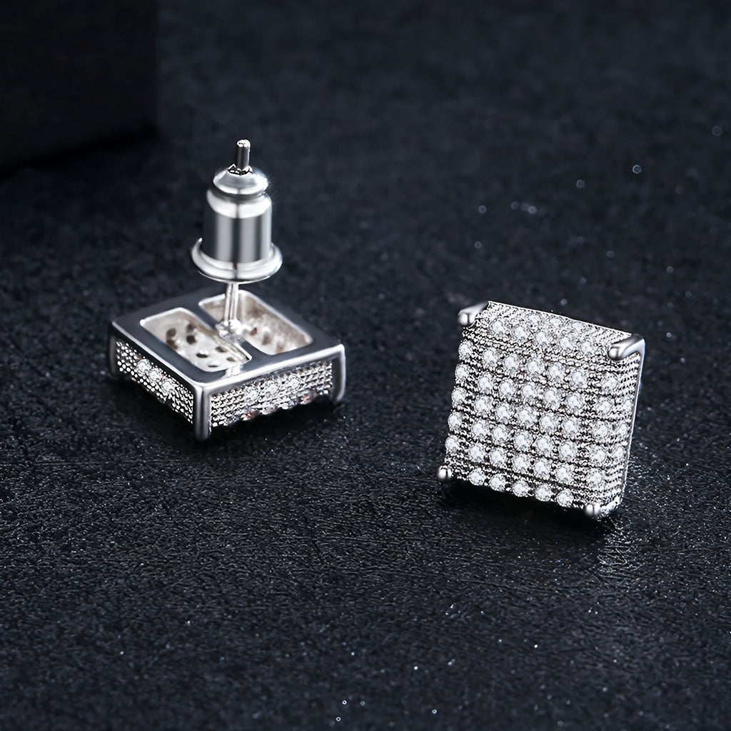 Classic Black Hip Hop Square Stud Earrings For Men, Copper Inlaid Sparkling Cubic Synthetic Zircon Jewelry, Iced Out Streetwear Earpins, Cool Gift For Him