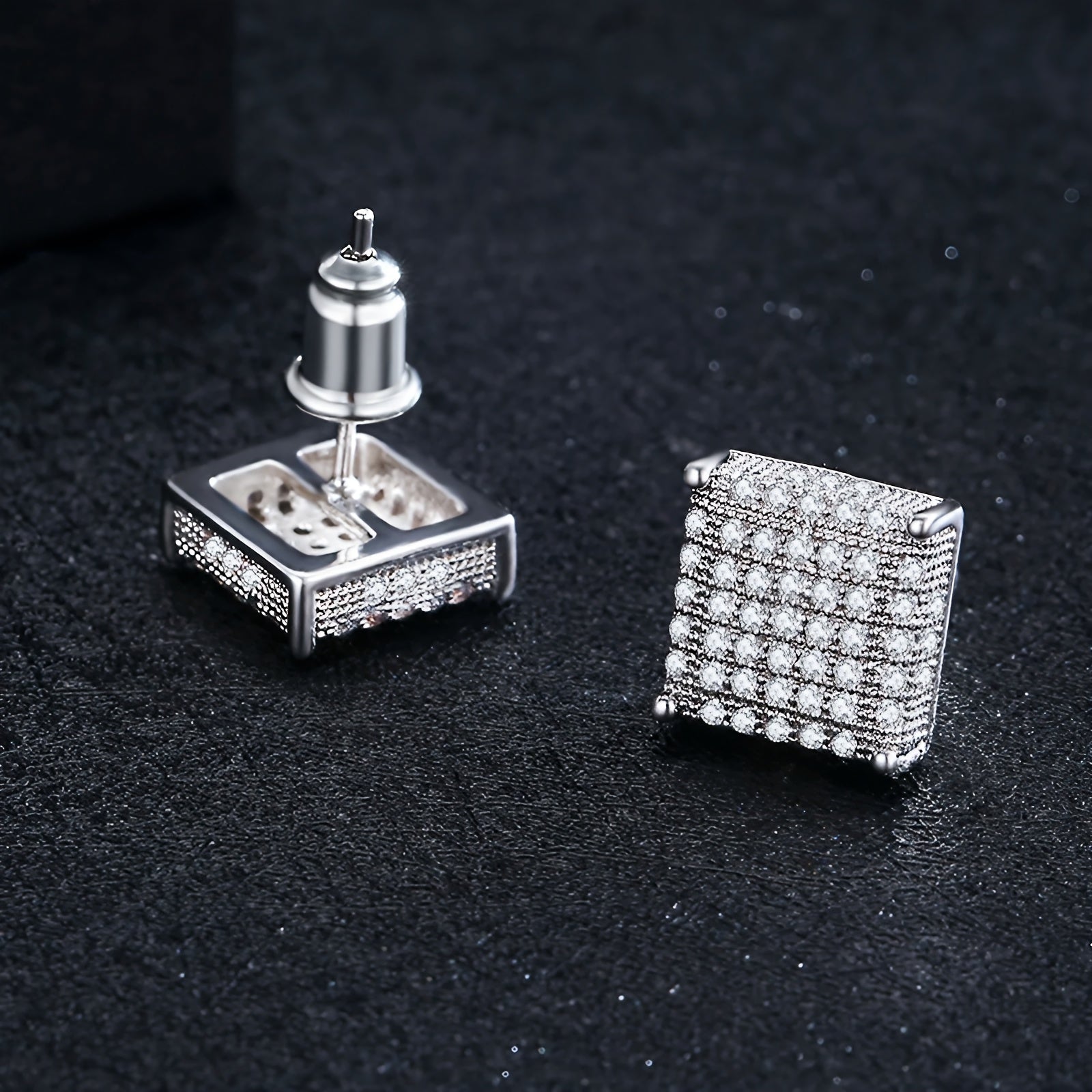Classic Black Hip Hop Square Stud Earrings For Men, Copper Inlaid Sparkling Cubic Synthetic Zircon Jewelry, Iced Out Streetwear Earpins, Cool Gift For Him