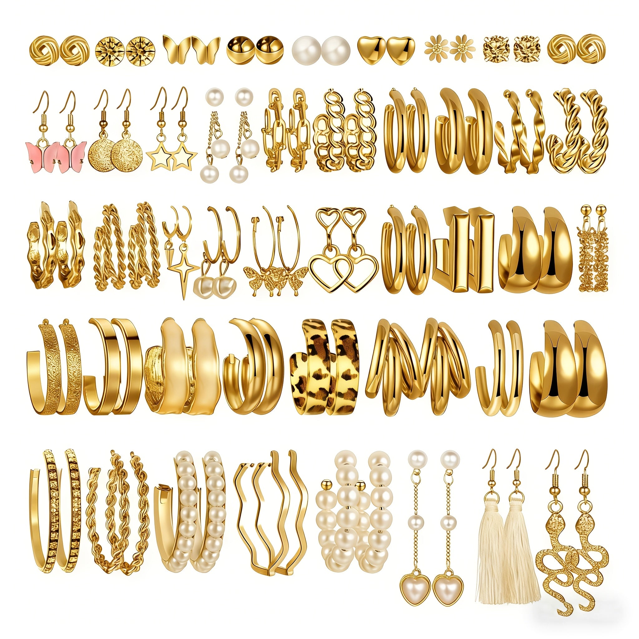 48 Stylish, Minimalist Golden-tone Alloy Earring Sets • A Random Selection • Perfect for Casual Attire, Holidays, Parties And As Festive Gifts