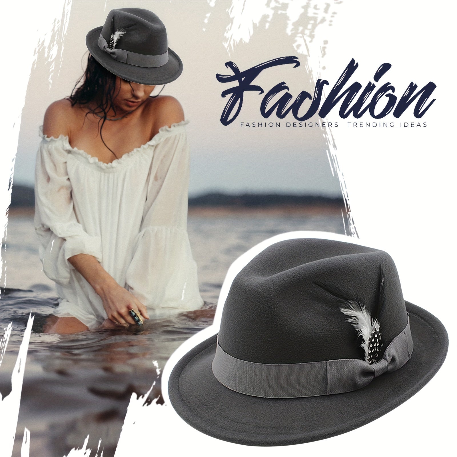 [Classic Fedora Hats] Flongo Classic Fedora Hats For Men Women Short Brim Felt Feather Hat Panama Dress Hat