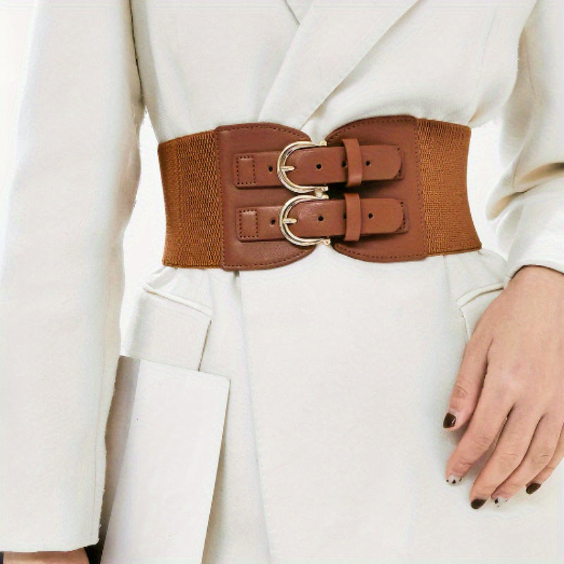 A Plain Bimetallic Buckle Width Women'S Corset Belt, a Casual And Easy Elastic Accessory for Dresses, Shirts, Coats, Suits, Suitable for Parties, Commuting, Street Events, And Holiday Outfits (Packaged in an Opp Bag)