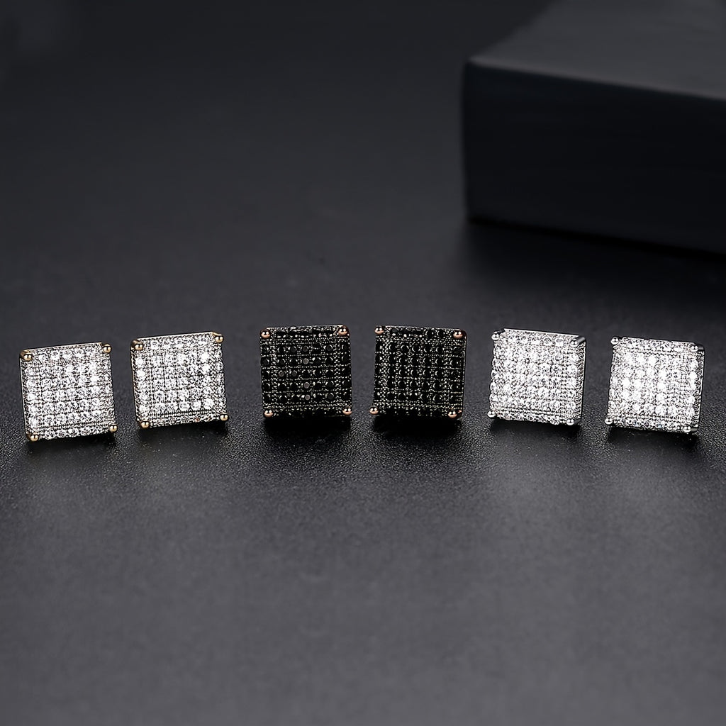 Classic Black Hip Hop Square Stud Earrings For Men, Copper Inlaid Sparkling Cubic Synthetic Zircon Jewelry, Iced Out Streetwear Earpins, Cool Gift For Him