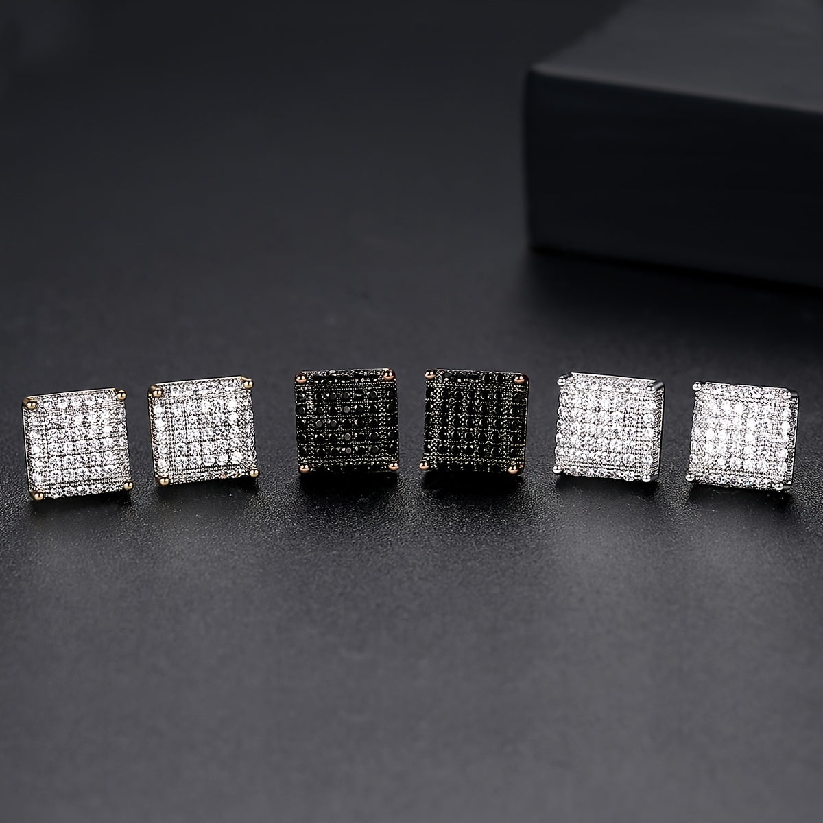Classic Black Hip Hop Square Stud Earrings For Men, Copper Inlaid Sparkling Cubic Synthetic Zircon Jewelry, Iced Out Streetwear Earpins, Cool Gift For Him