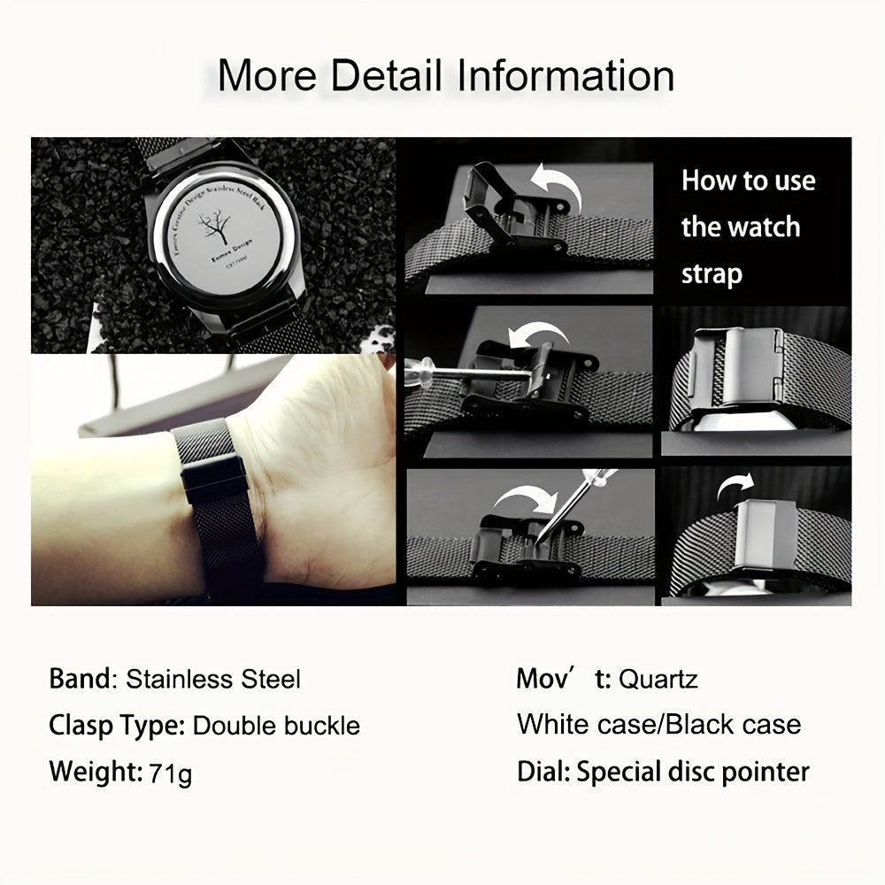 Modern Minimalist Watch - No Hands, Stainless Steel Strap, Quartz Movement, Battery-Powered (Non-Rechargeable) - Everyday & Formal Watch for Men & Women - Contemporary Industrial Design, Versatile Accessory, Sleek Timepiece, Premium Materials, Unique Time