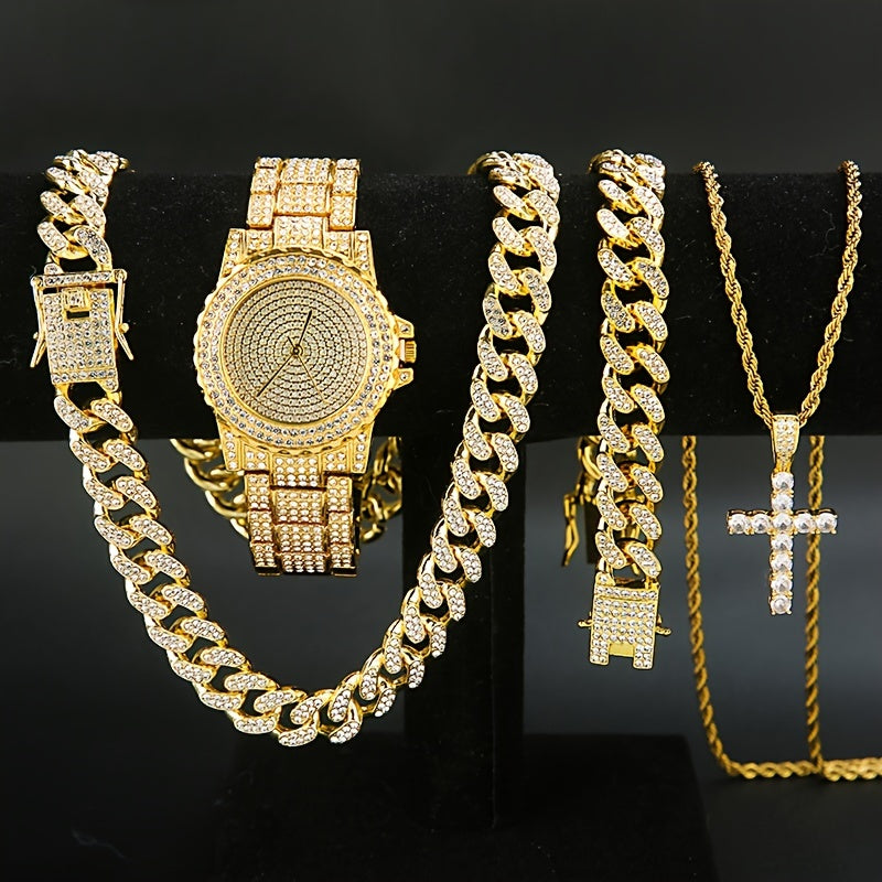 5pcs Luxury Watch And Jewelry Collection for Both Men And Women - Features a Quartz Wristwatch, Cuban Link Necklace, Bracelet, Ring, And Cross Pendant - an Ideal Gift for Christmas