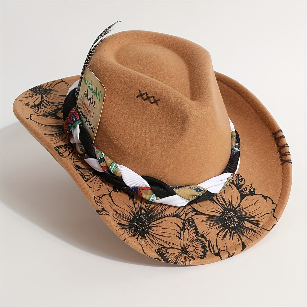 Boho Floral Print Felt Cowboy Hat Women- Braided Band Western Cowgirl Hat Rodeo, Festival& Western Outfit
