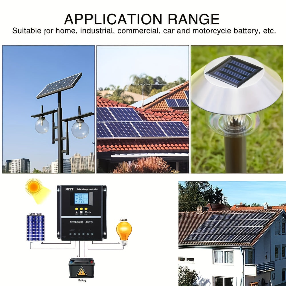 100A MPPT Solar Charge Controller with LCD Display, Auto Tracking, Compatible with Lead-Acid Batteries, Ternary Lithium Batteries, Lithium Iron Phosphate Batteries, Suitable for Off-Grid Solar Systems, Rvs, Ships, Without Battery