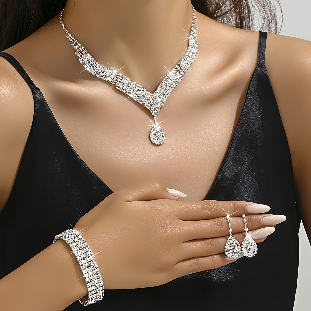 4pcs Set Water Brick Evening Dress with Hand-held Crossbody Lady's Dinner Bag, Necklace, Earrings, Bracelet and Ring for Parties, Weddings, Dances and Vacations