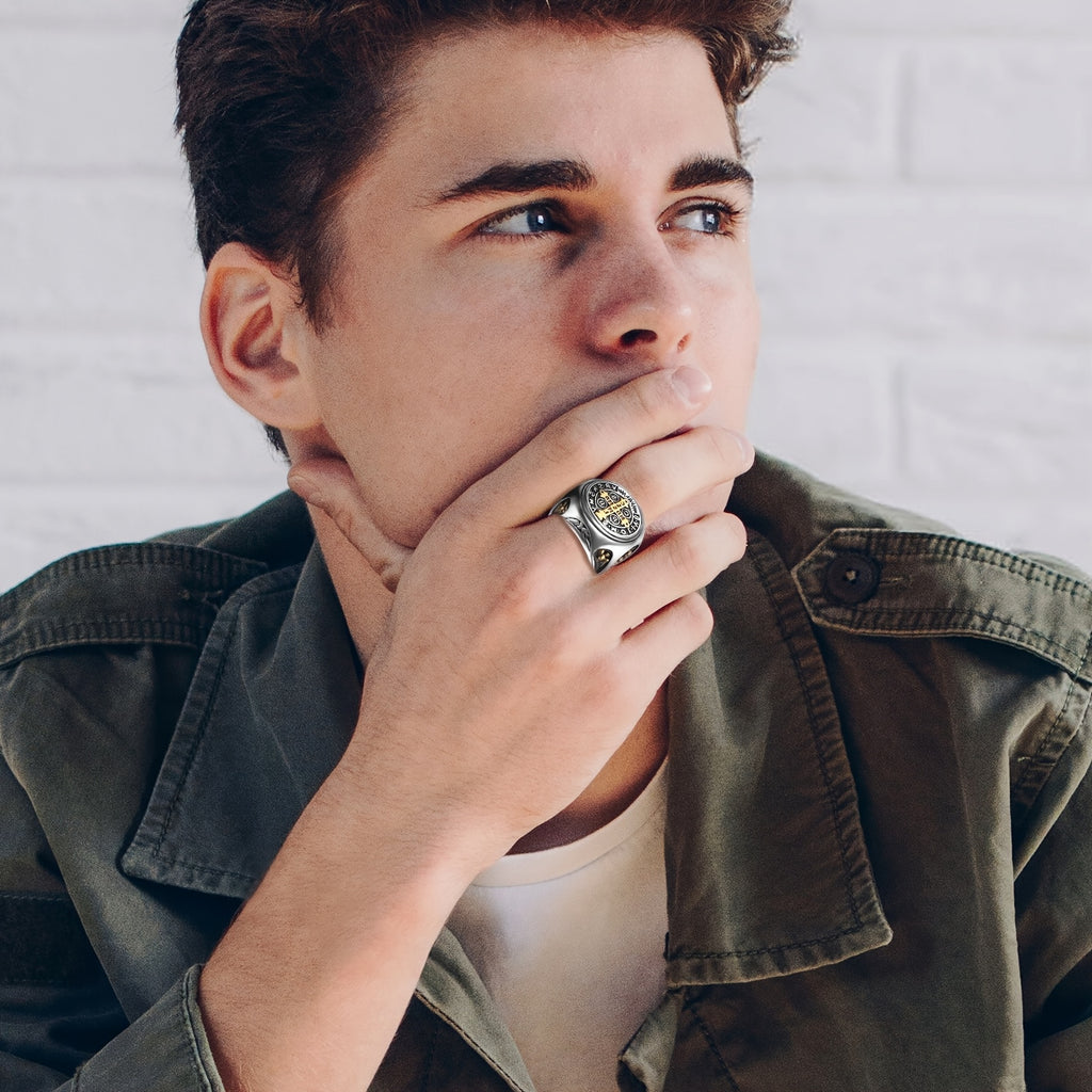 Saint Benedict Medal Stainless Steel Ring: Saint Benedict Ring - Cross Jewelry Perfect Gift
