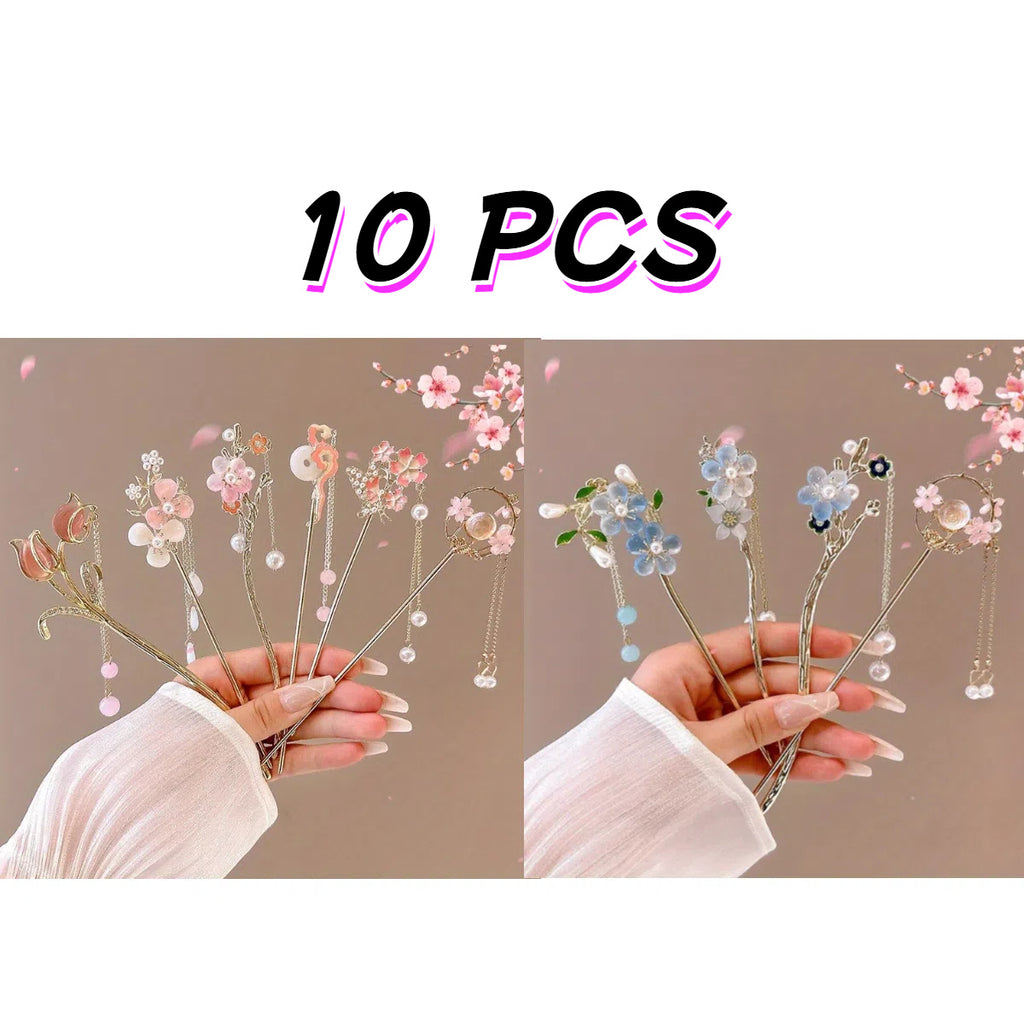 10pcs Floral Hair Clip Set - Delicate Alloy Acrylic Flower Clips, Suitable for Women, Perfect for Matching with Hanfu, Traditional Chinese Clothing, and Bridal Hairstyles, Suitable for Ages 14 and Above