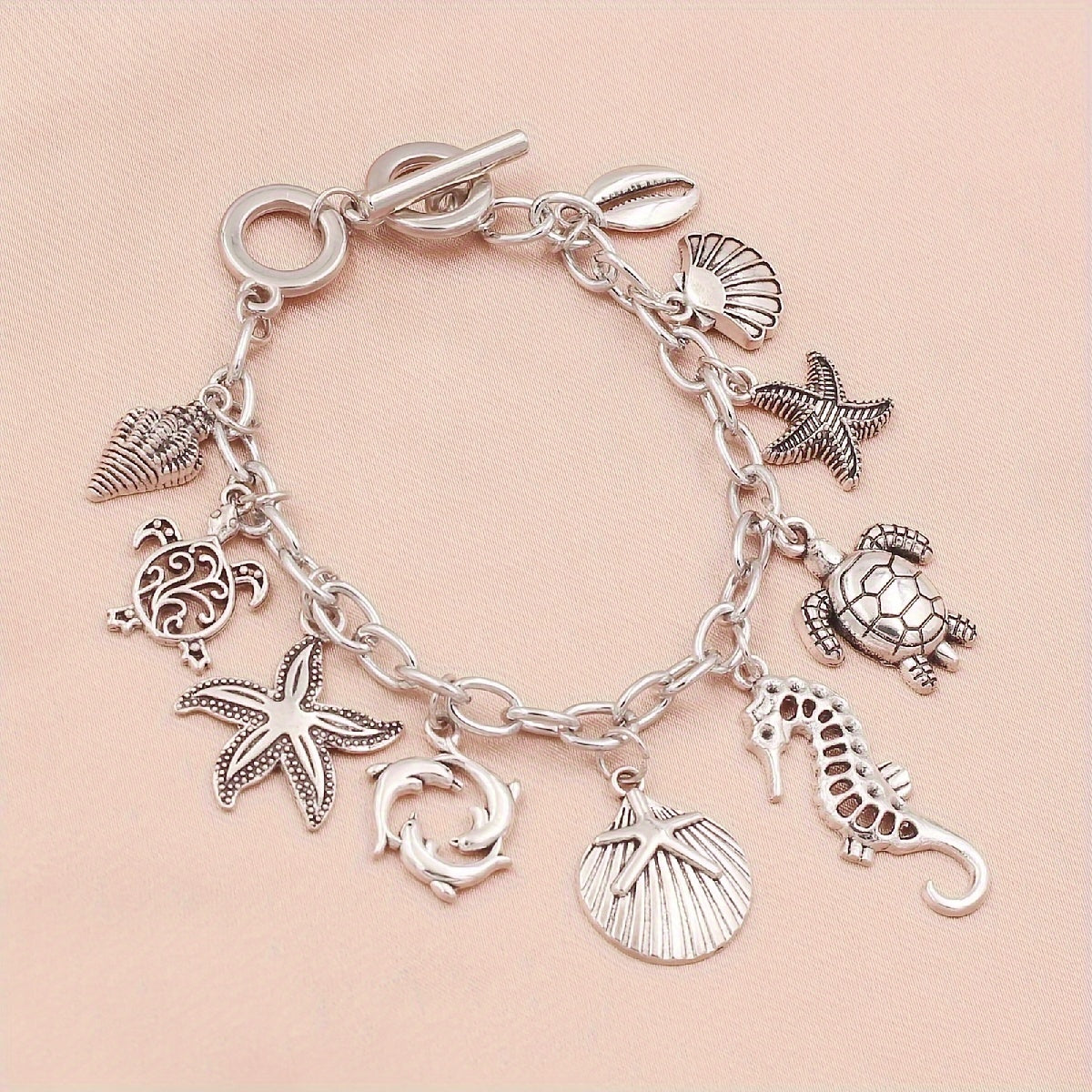 S925 Silver 1pc Ocean Style Seahorse Turtle Dolphin Starfish Sea Snails Scallop Conch Charm Pendant Chain Bracelet, Marine Animal Bracelet Friendship Jewelry Gift.Total Weight Of The Product (3g)