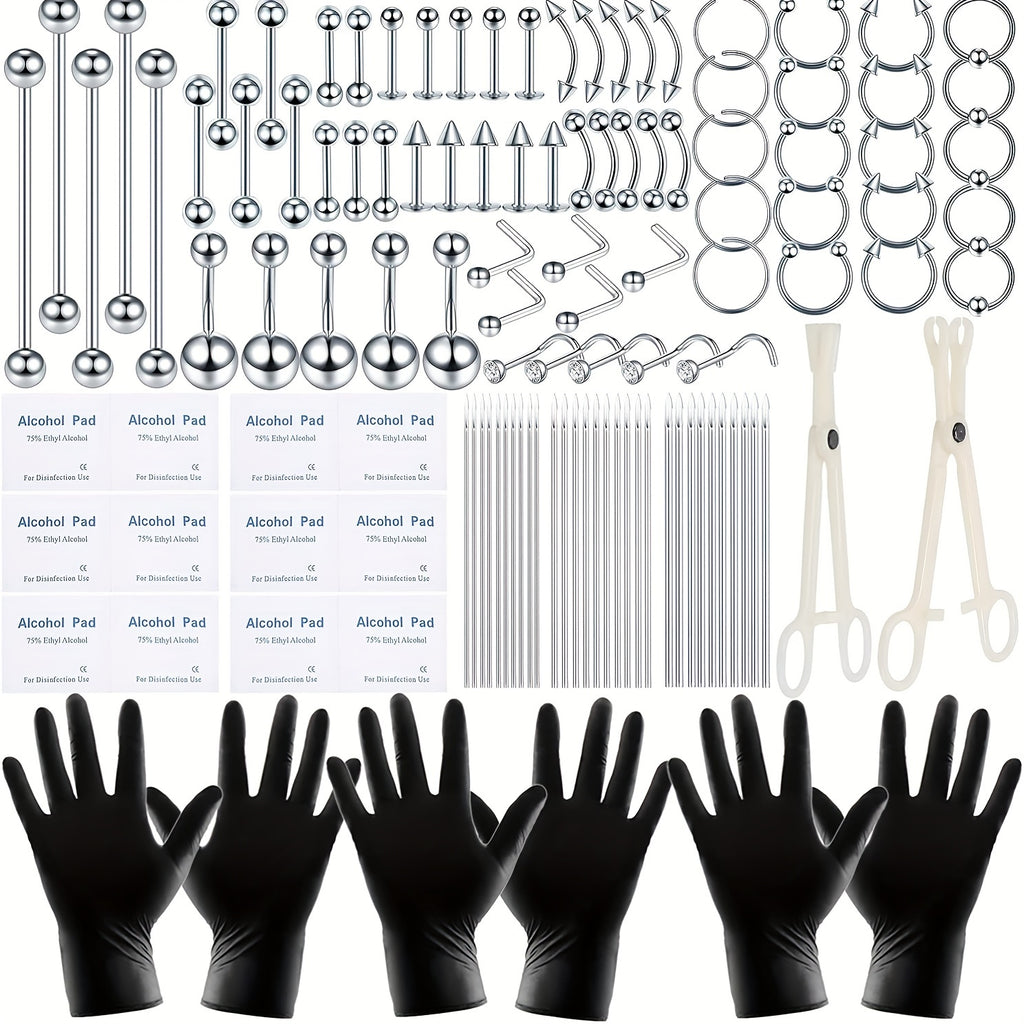 [120pcs Piercing Kit] Local Warehouse 120pcs Professional Body Piercing Kit - Stainless Steel 14G 16G Jewelry - Belly Nose Lip Septum Rings - Tool Set