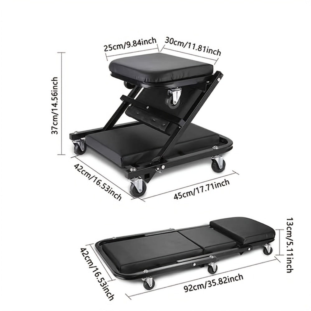 Auto Repair Bench with Roller Moving Tool Tray(Sold Separately), Wheel X Mechanical Climber 3-In-1/2-In-1 Z-Shaped Seat with 500 Pound Capacity, Foldable And Adjustable Rolling Garage Folding, Lying Down, Sitting And Leaning with 6 Wheel Rollers
