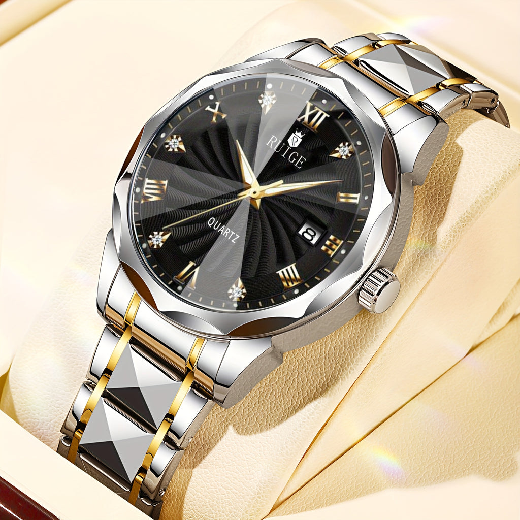 RUIGE Men'S Fashion Trend Quartz Watch | Night Light Dual Calendar, Diamond Shaped Watch Mirror, Stainless Steel Case, Alloy Strap, Business Leisure, Ideal Gift for Father'S Day