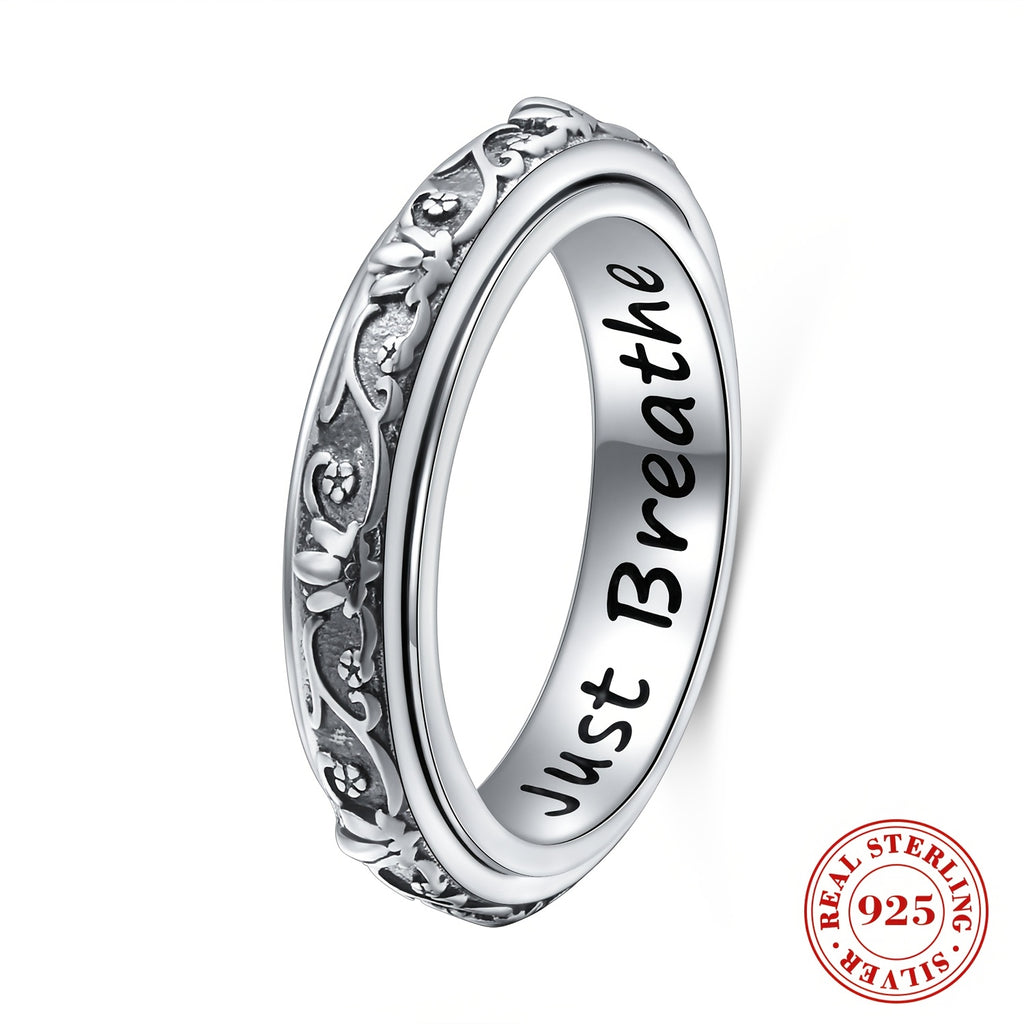 Spinner Fidget Ring S925 Sterling Silver Lotus Flower Yoga Just Breathe Anxiety Worry Band Oxidized Fidget Boredom ADHD Autism Rings For Women Men