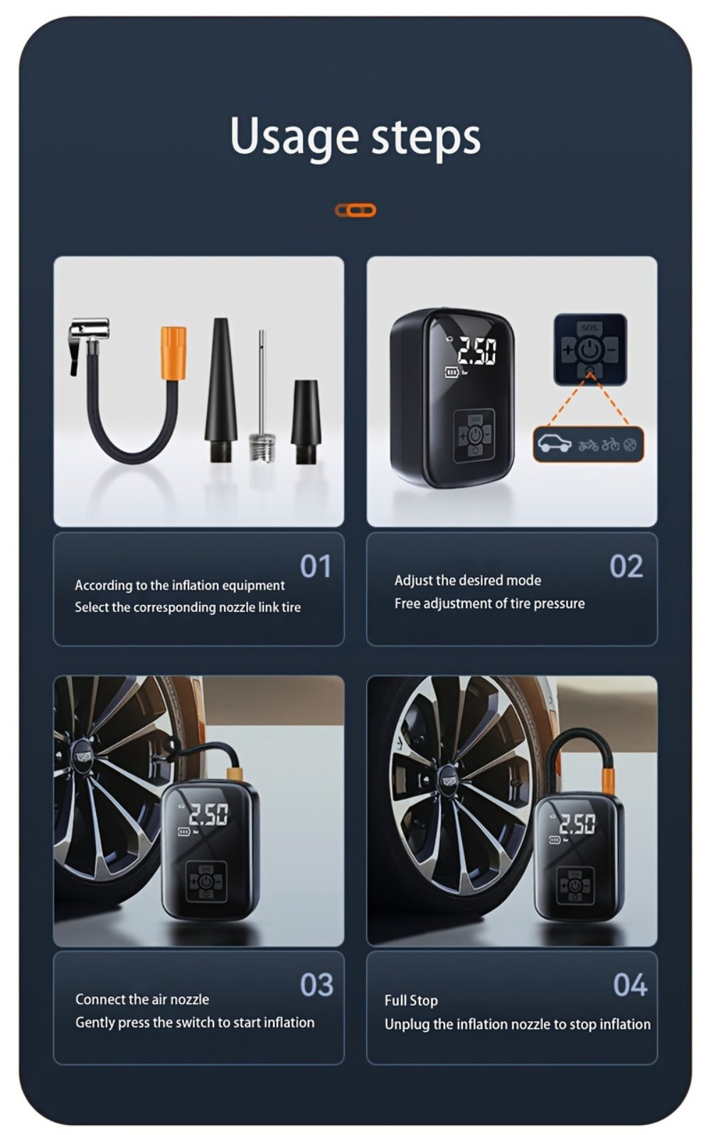 1pc Tire Inflator Portable Air Compressor, Fast Cordless Air Pump, Digital Display With Multi-function Nozzle Adapter And Long-lasting Lithium Battery For Car Motorcycle Bicycle Tire Ball, Auto Parts