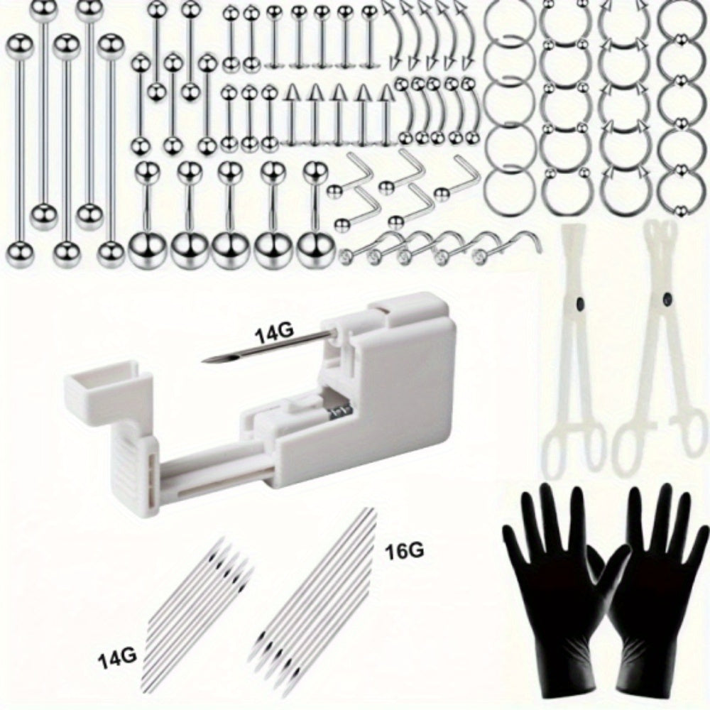 120pcs DIY Piercing Men's Piercing Set 14G Hole Tools, Medical Stainless Steel Needle 14G 16G BCR CBR Lip Stud Lip Ring Prevention Ear Stud Earrings Septum Nose Stud Belly Button Ring Jewelry Needle Gloves Clip Tools