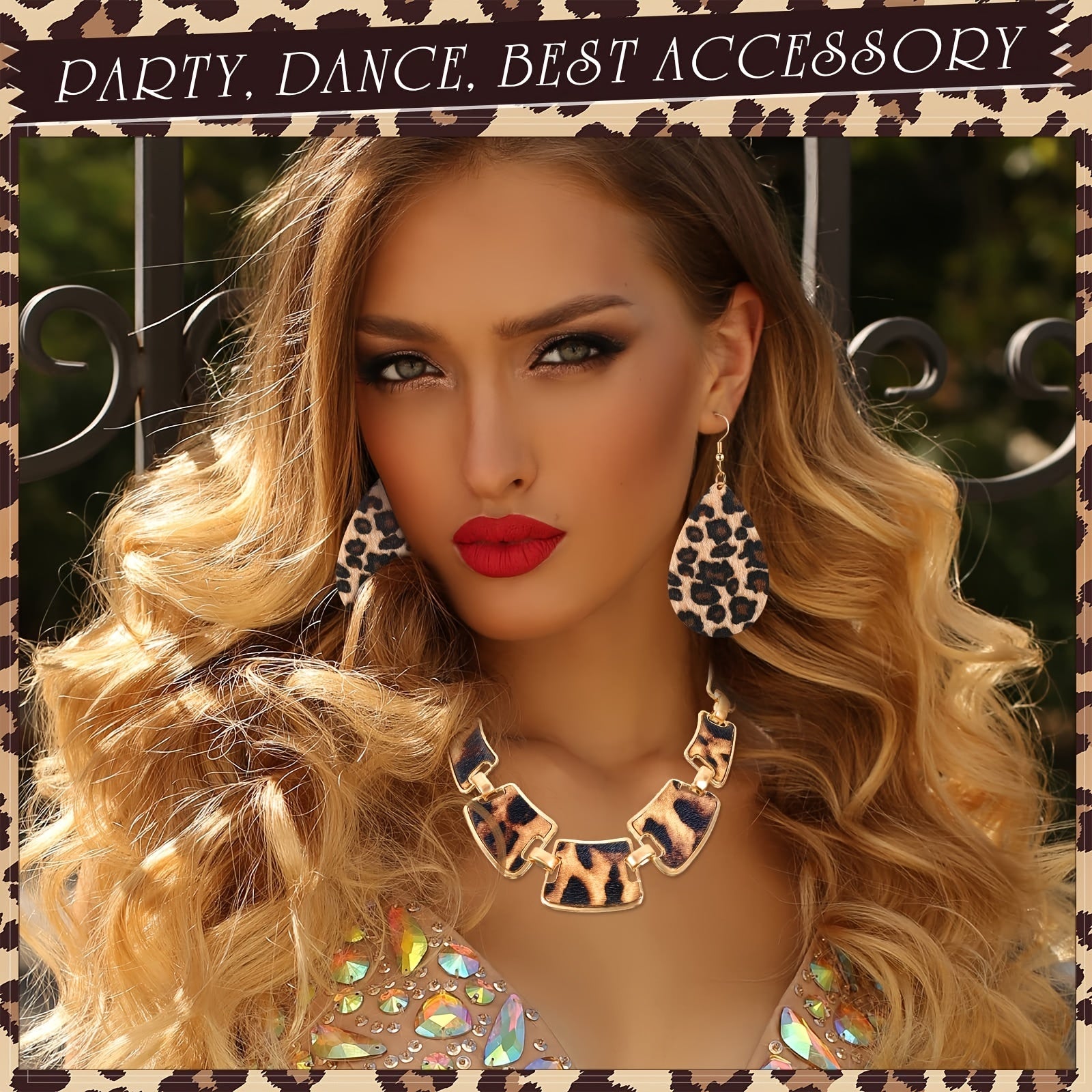 7/ Pcs Set Bohemian Style Leopard Print Jewelry Sets - Plastic Fashion Accessories Including  Necklaces, Earrings, Bracelets, and Handbags - Suitable for Daily and Vacation Wear