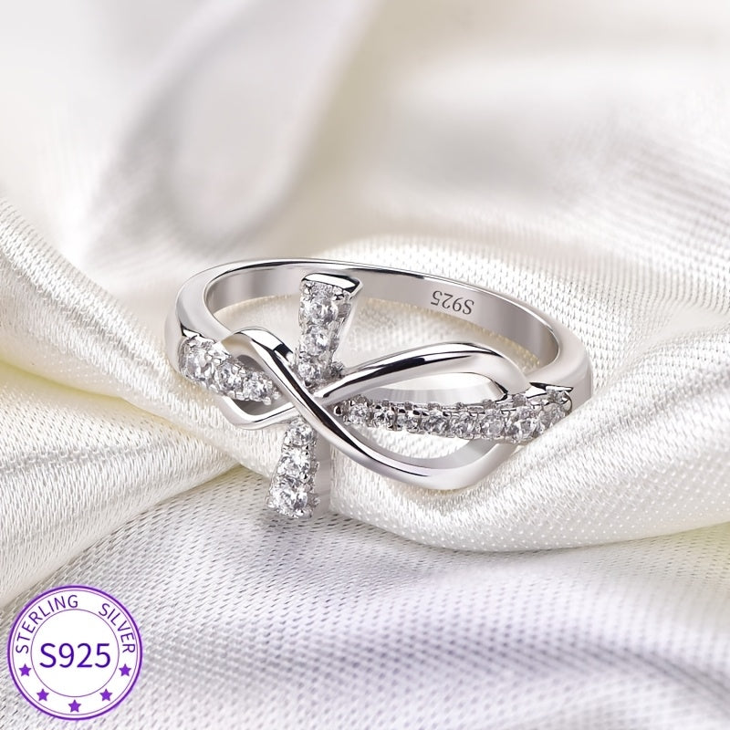 [Weddings Parties Gift] Elegant 925 Sterling Silver Infinity Cross Ring with Synthetic Cubic Synthetic Zirconia Stone, a Perfect Gift for Women, Ideal for Weddings and Parties, Wedding Ring. Elegant Ring Design, Wedding Ring. Total Product Weight (1.5g)