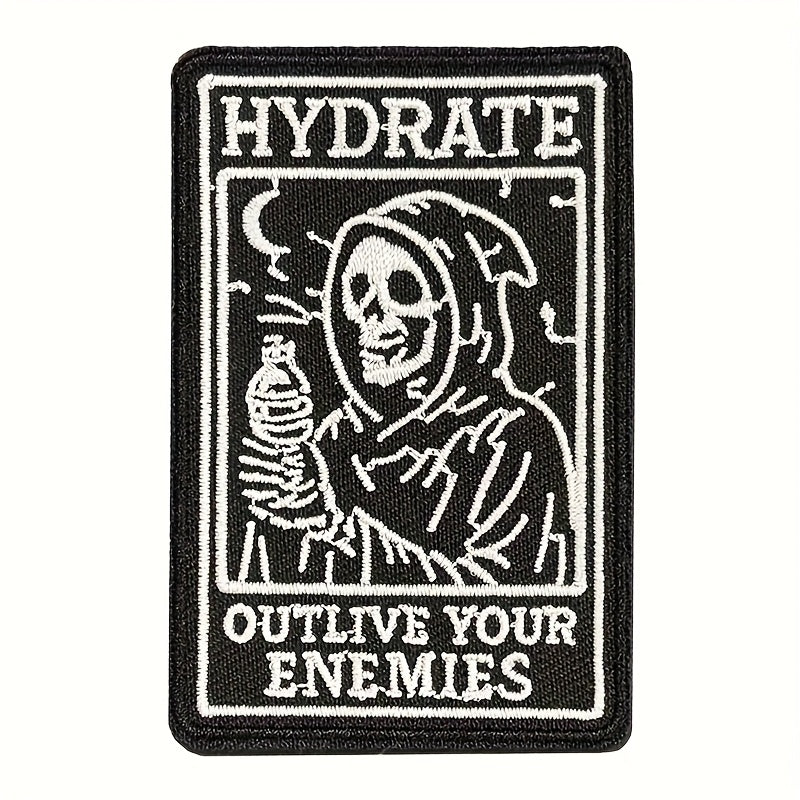 3pcs Hydration Is Better Than Enemies Embroidered Patches - Gothic Skull & Hydration Design, Black Humor Meme Applique For Jackets, Hats, Bags, Jeans