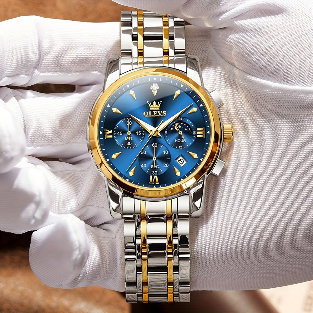 [Luxury Men's Watches] OLEVS Men's Watches for Business Dress, Analog Quartz Chronograph, Luxury Two-Tone Stainless Steel, Moon Phase, Luminous Date, Classic Men's Wrist Watches