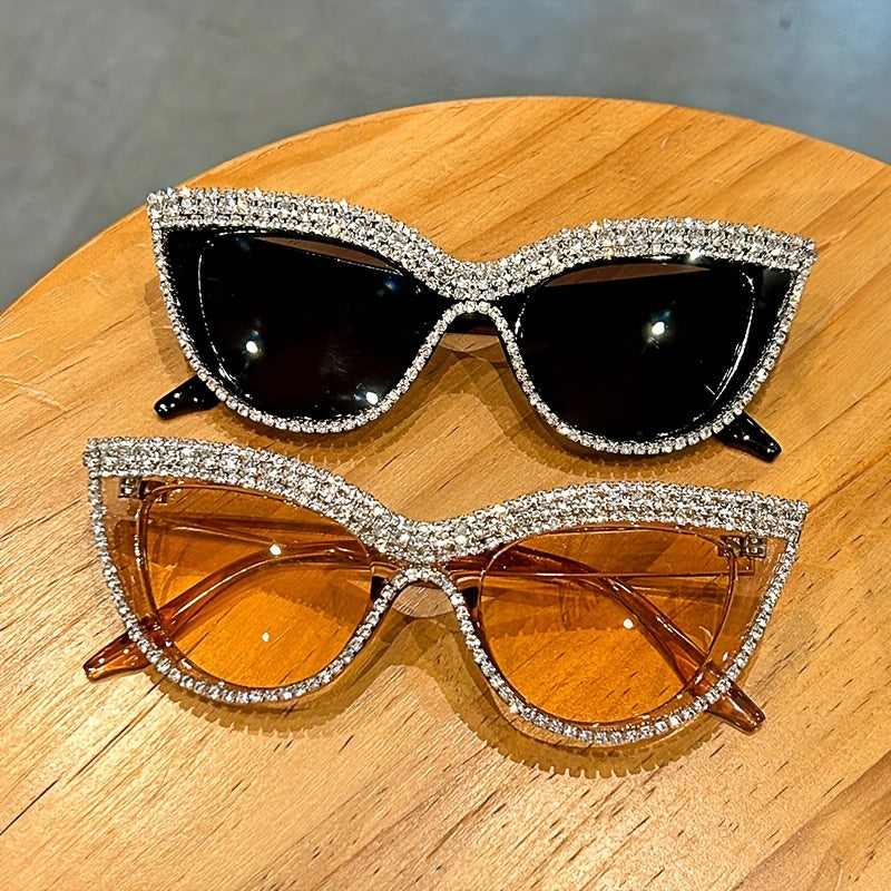 2 Pairs Women's Rhinestone Cat Eye Glasses with Lenses - Sparkling Composite Frame Decorative Eyewear for Prom, Costume Parties & Special Occasions, Includes Case, Durable Fashion Accessories, Prom Accessories, Luxury Eyewear Craftsmanship