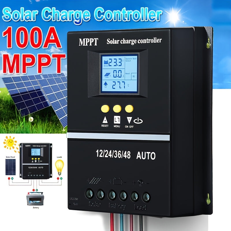 100A MPPT Solar Charge Controller with LCD Display, Auto Tracking, Compatible with Lead-Acid Batteries, Ternary Lithium Batteries, Lithium Iron Phosphate Batteries, Suitable for Off-Grid Solar Systems, Rvs, Ships, Without Battery
