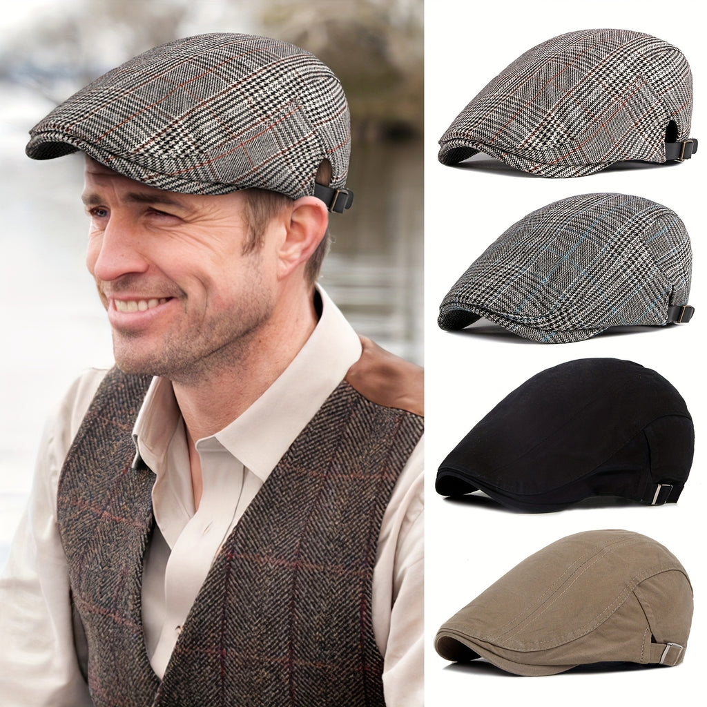 Men's Cotton Plaid Gatsby Cap, Solid Color Newsboy Cabbie Golf Beret Hat, Lightweight Flat Driving Cap, FLONGO Suitable for teens, Suitable for Men and Women