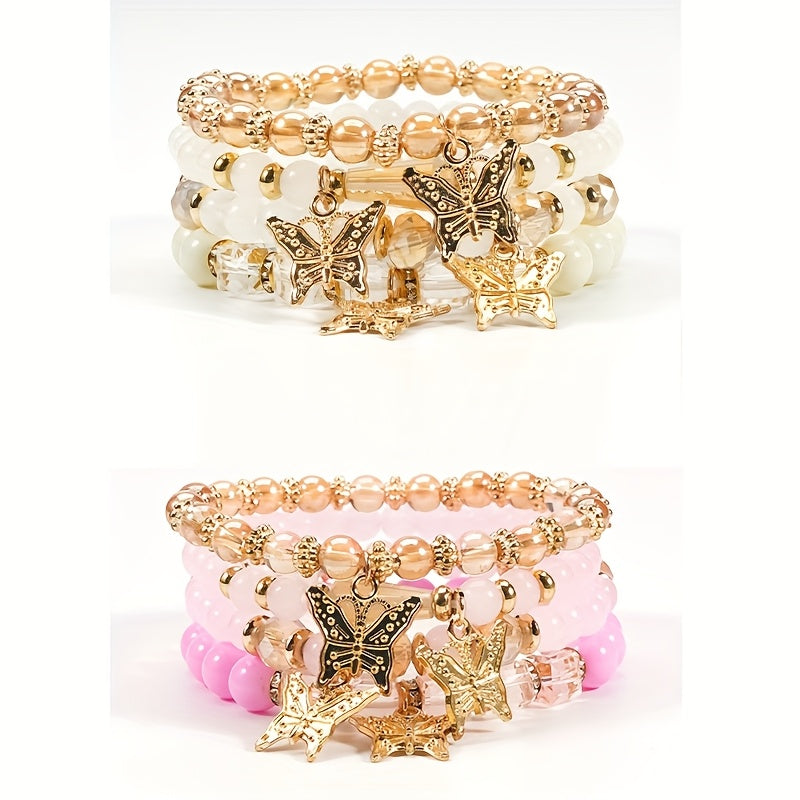 4pcs, 8pcs, 16pcs/Set Bohemian Elegant Gift Bracelet, Butterfly Sparkle Multi-Layered Beaded Fashion Bracelet, Elastic Charm Beaded Bracelet, The Perfect Gift for Stylish Ladies, Suitable for Ladies